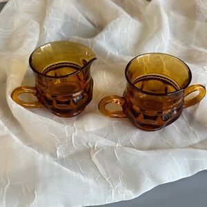 VTG Amber Indiana Glass Kings Crown Thumbprint Creamer & Sugar Set - MCM